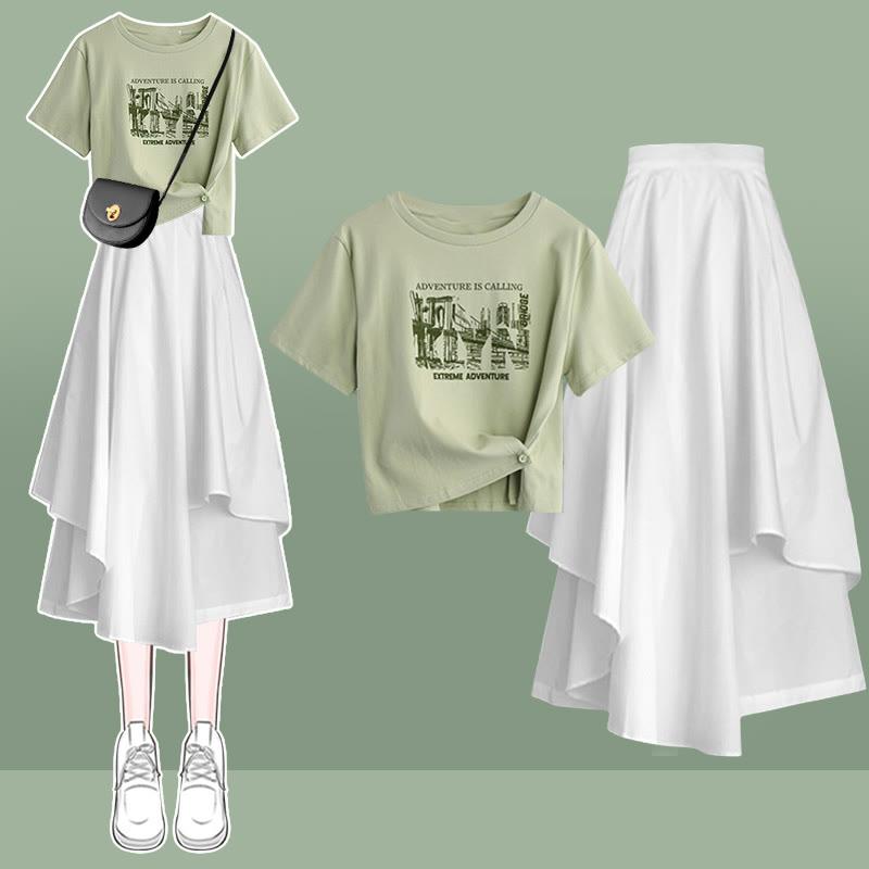 Irregular Letter Print T-Shirt White Tiered Skirt Two Pieces  |   T-Shirts Clothing Set A