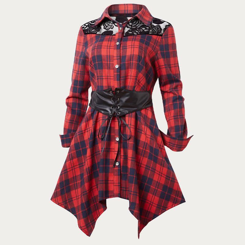 Irregular Plaid Print Lace Up Long Sleeve Shirt Dress  |   Dresses Clothing Black