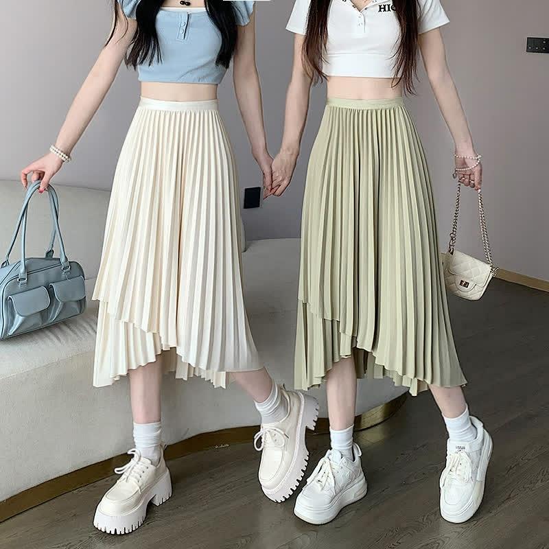 Irregular Pure Color High Waist Pleated Skirt  |   Skirts Clothing Apricot