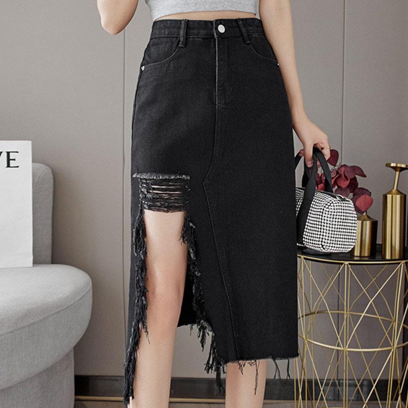 Irregular Ripped High Waist Denim Skirt  |   Skirts Clothing Black