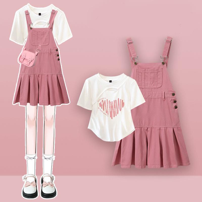 Irregular Shirt Pure Color Suspender Skirt  |   Skirts Clothing Set