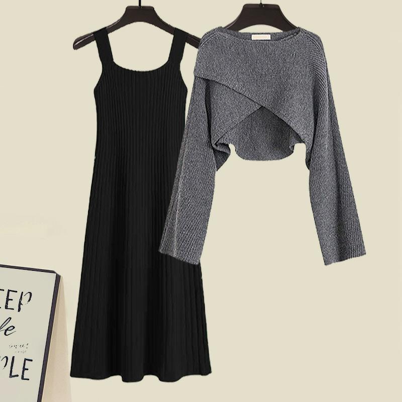 Irregular Short Sweater Slip Dress Two Pieces  |   Dresses Clothing Apricot Dress