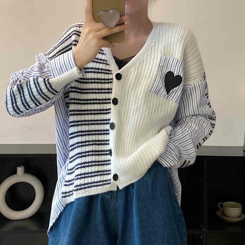 Irregular Stripe Love Heart Embroidery V-Neck Cardigan Sweater Shirt  |   Outerwear Clothing Outerwear