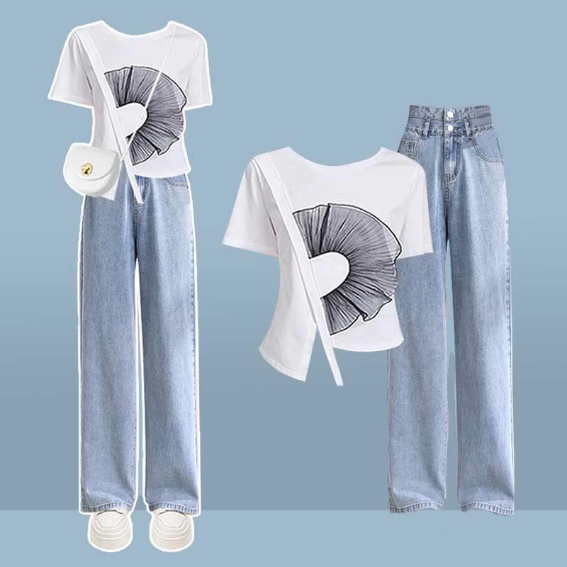 Irregular T-Shirt Blue Denim Pants Two Pieces  |   Pants Clothing Pants