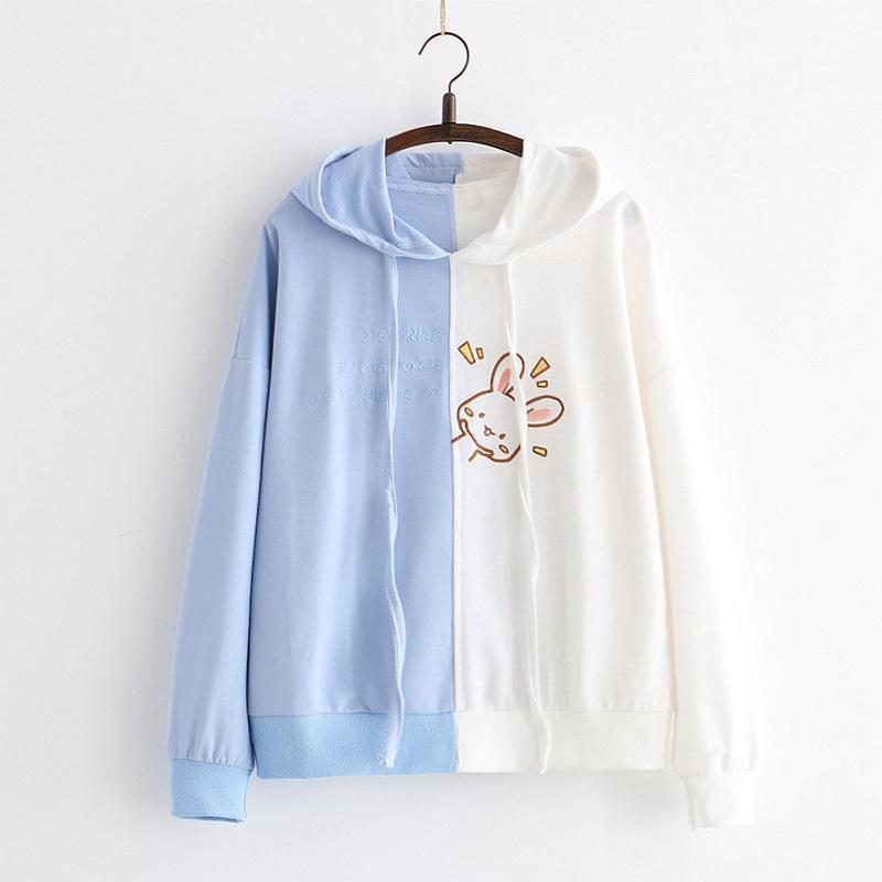 Japanese Letter Rabbit Print Hoodie  |   Sweatshirts & Hoodies Clothing Blue