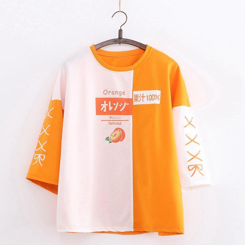 Japanese Orange Letter Print Color Block T-Shirt  |   T-Shirts Clothing Orange