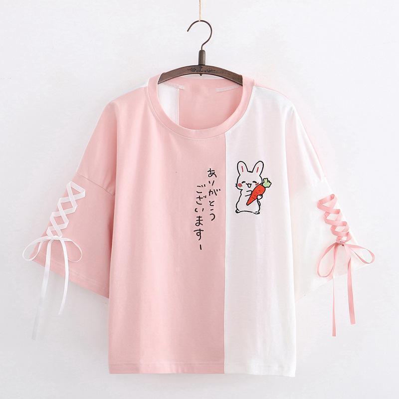 Japanese Rabbit Carrot Lace Up Color Block T-Shirt  |   T-Shirts Clothing Green