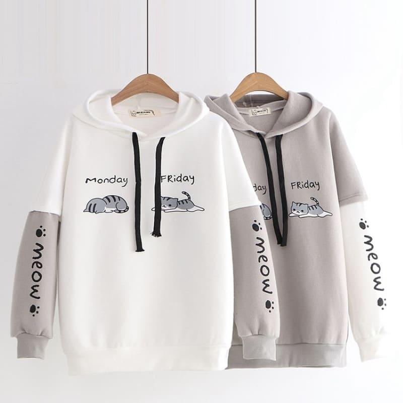 Japanese Style Letter Kitty Print Colorblock Sweatshirt  |   Sweatshirts & Hoodies Clothing Grey