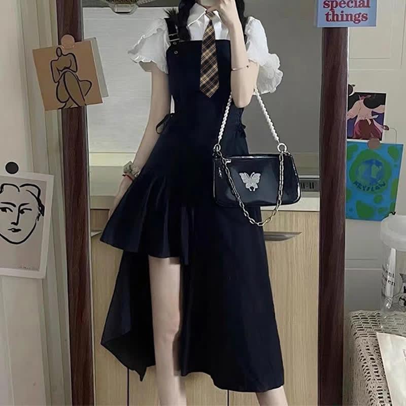 Jk Flouncing Sleeve Tie Polo T-Shirt Irregular Lace Up Suspender Dress  |   Dresses Clothing Black Dress