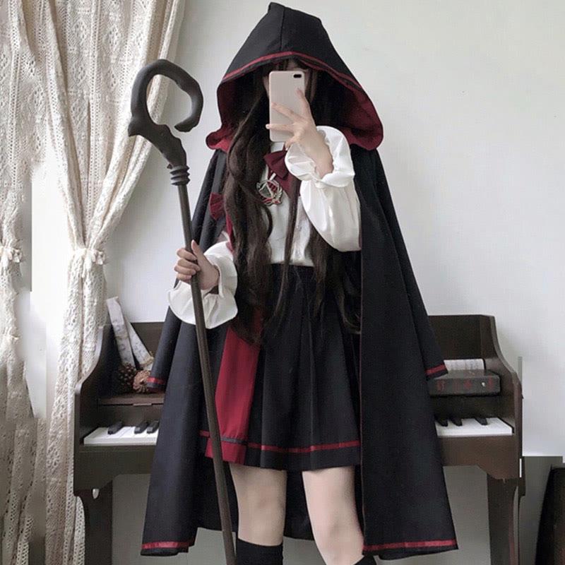 Jk Long Sleeve Shirt Pleated Skirt Hooded Cloak Three Pieces Set  |   Outerwear Clothing Outerwear