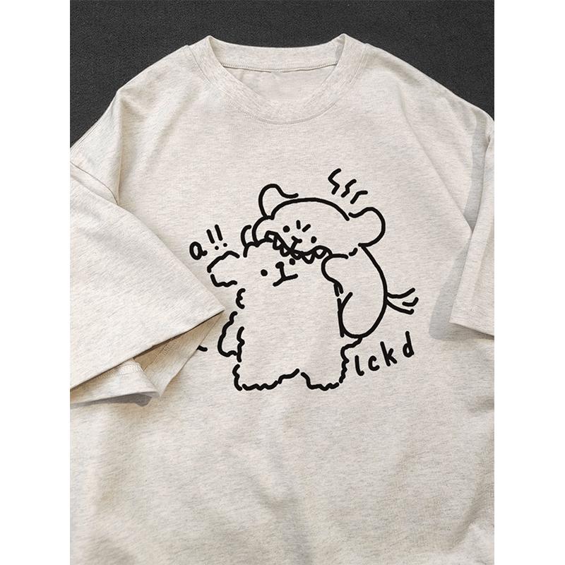 Kawaii Cartoon Print Round Neck T-Shirt  |   T-Shirts Clothing Light Gray