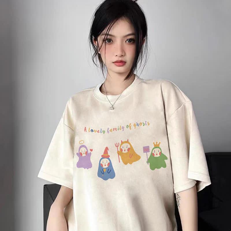 Kawaii Cartoon Print Short Sleeve Crew Neck T-Shirt  |   T-Shirts Clothing Apricot