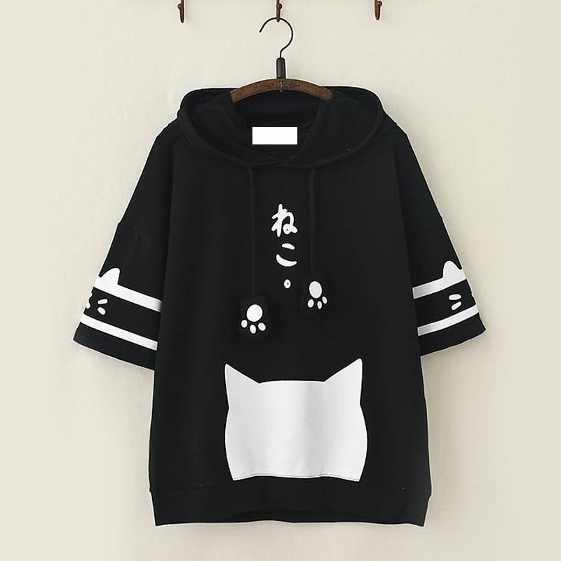 Kawaii Cat Paw Drawstring Summer Hooded T-Shirt  |   T-Shirts Clothing Black