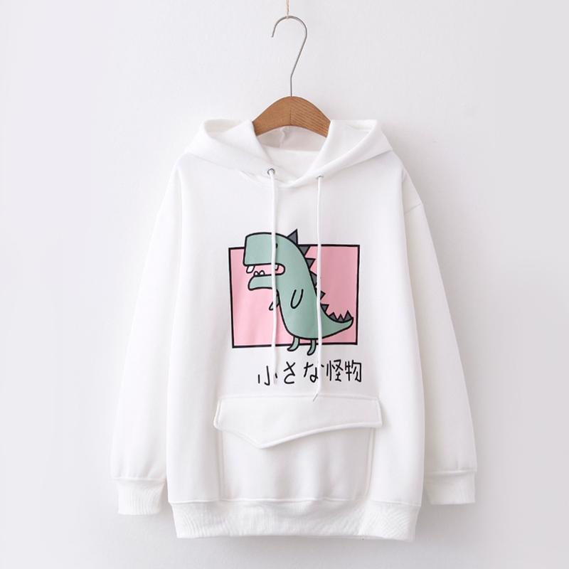 Kawaii Dinosaur Front Pocket Hoodie  |   Sweatshirts & Hoodies Clothing Black