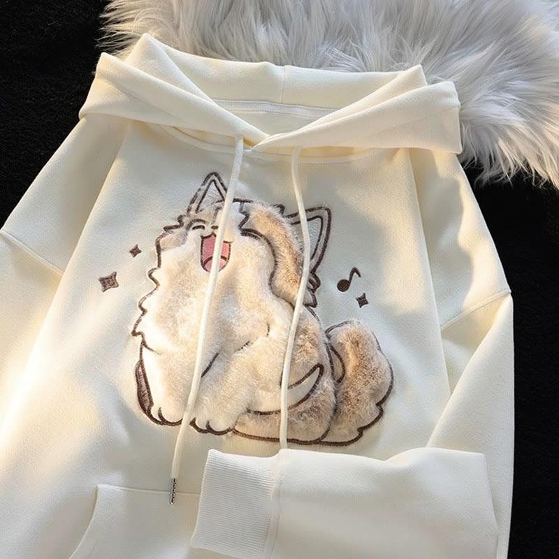 Kawaii Kitty Flocking Print Long Sleeve Hoodie  |   Sweatshirts & Hoodies Clothing Apricot