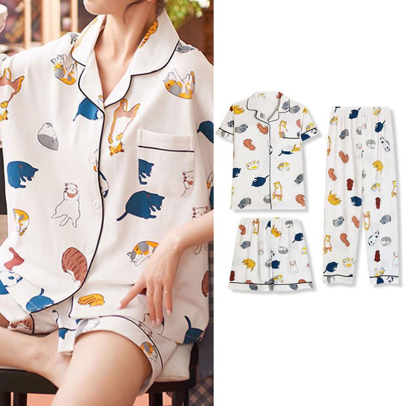 Kawaii Kitty Print Casual Summer Pajamas Three Piece Set  |   Pajamas Clothing Pajamas