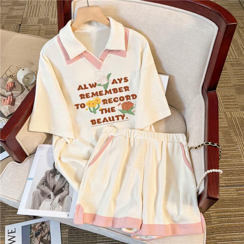 Kawaii Letter Print Casual T-Shirt Shorts Set  |   T-Shirts Clothing Apricot