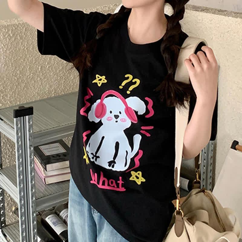 Kawaii Letter Puppy Print Round Collar Oversized T-Shirt  |   T-Shirts Clothing Black