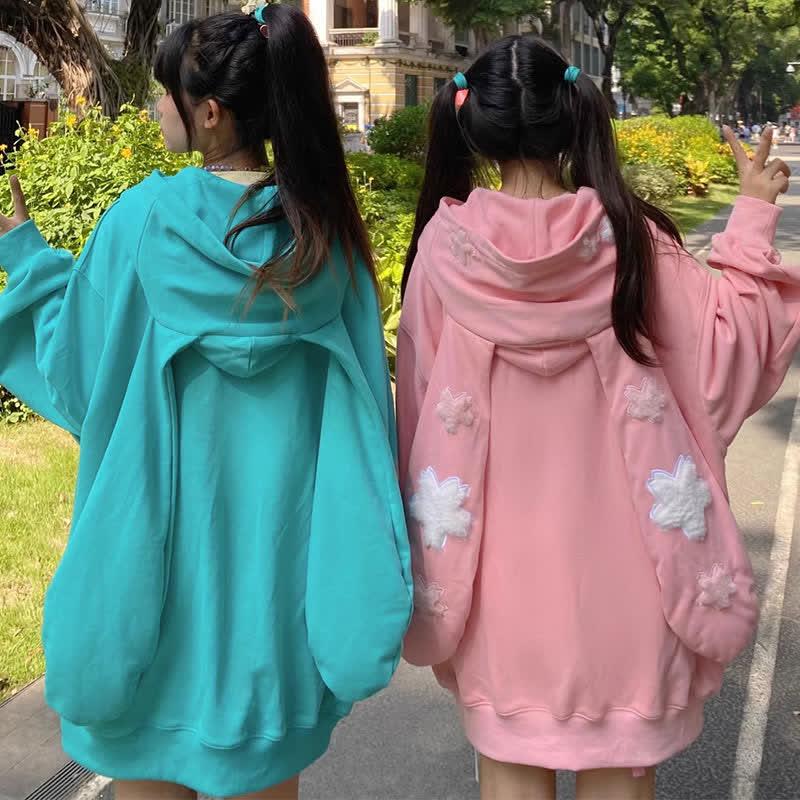 Kawaii Long Bunny Ears Guitar Embroidery Zipper Hooded Sweatshirt  |   Sweatshirts & Hoodies Clothing Blue