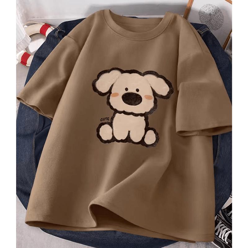 Kawaii Puppy Print Round Neck T-Shirt  |   T-Shirts Clothing Brown