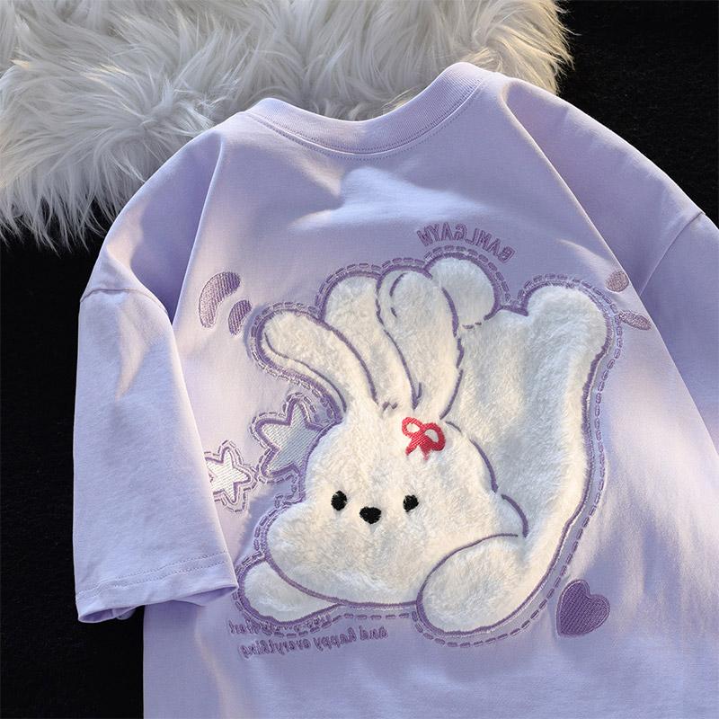 Kawaii Rabbit Crew Neck Flocking Print Short Sleeve T-Shirt  |   T-Shirts Clothing Purple