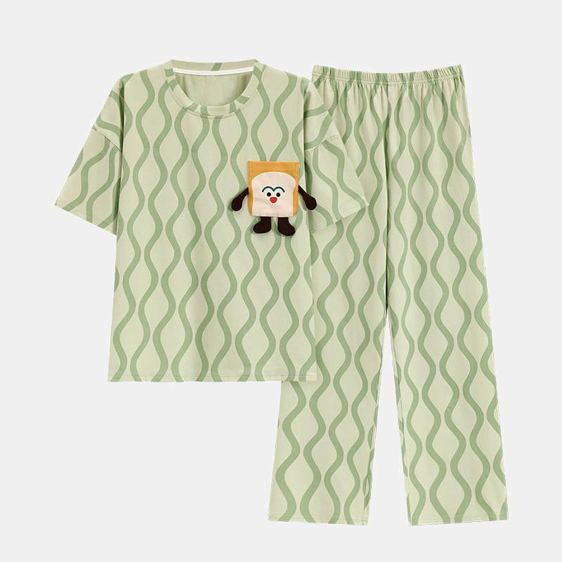 Kawaii Stripe Cartoon Print T-Shirt Pants Pajamas Two Piece Set  |   Pants Clothing Green