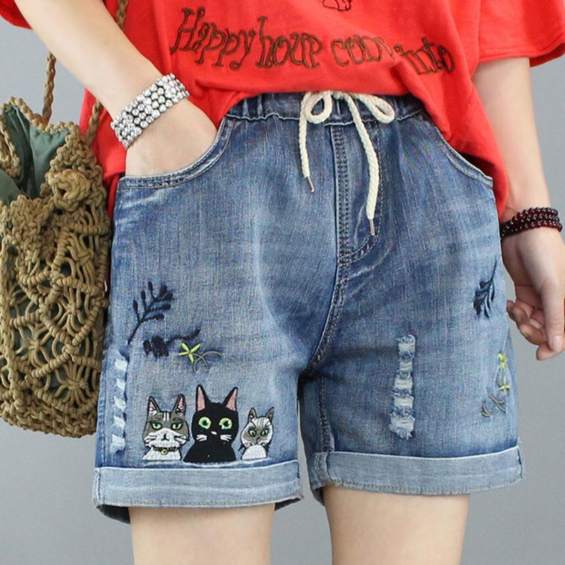 Kitty Embroidery Lace-Up Denim Shorts  |   Shorts Clothing A