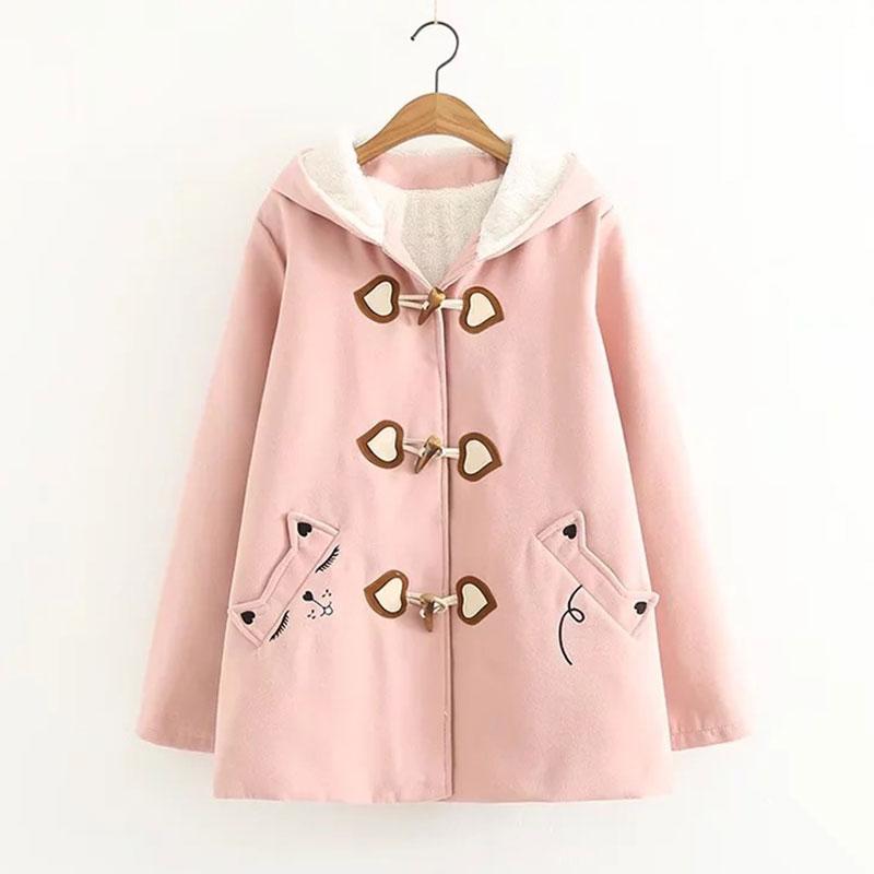 Kitty Embroidery Pocket Plush Hooded Coat  |   Outerwear Clothing Dark Khaki