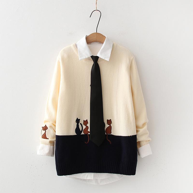 Kitty Embroidery Sweater Tie Shirt Two-Piece Set  |   Sweater Clothing Shirt