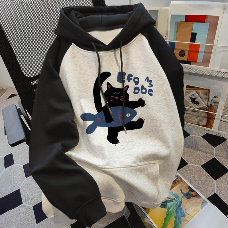 Kitty Fish Letter Print Loose Hooded Sweatshirt  |   Sweatshirts & Hoodies Clothing Grey