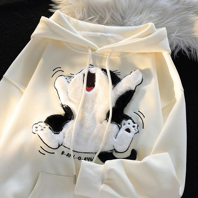 Kitty Flocking Print Loose Hooded Sweatshirt  |   Sweatshirts & Hoodies Clothing Apricot