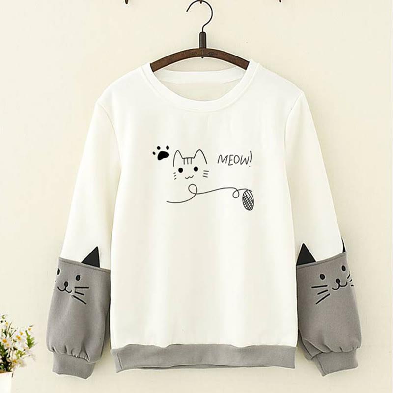 Kitty Letter Embroidery Long Sleeve Hoodie  |   Sweatshirts & Hoodies Clothing Sweatshirts & Hoodies