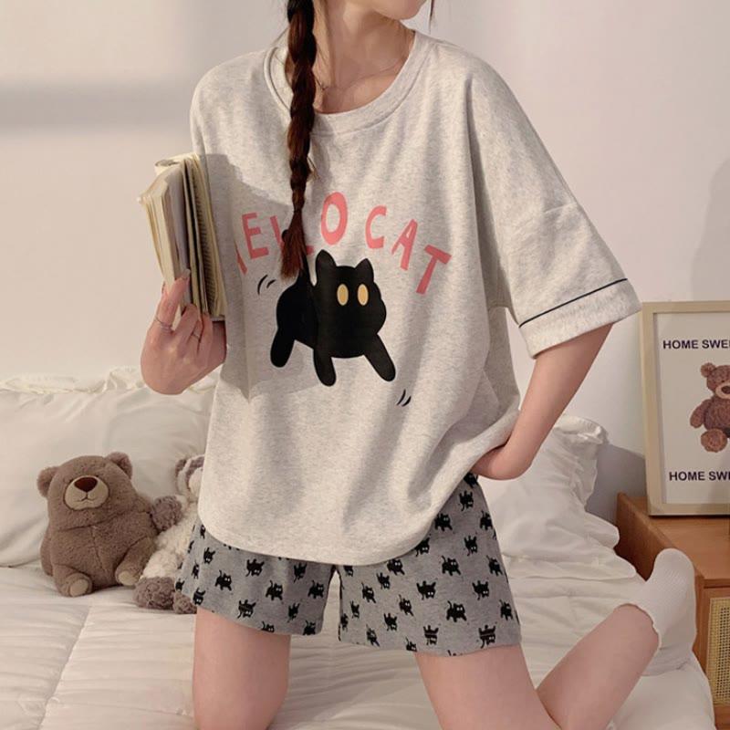 Kitty Letter Print Casual Summer Pajamas Two Piece Set  |   Pajamas Clothing Grey