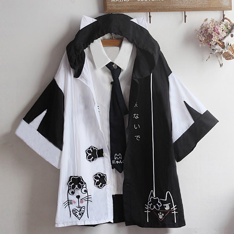 Kitty Paw Embroidery Colorblock Hooded Cloak Coat Tie Shirt  |   Outerwear Clothing Coat