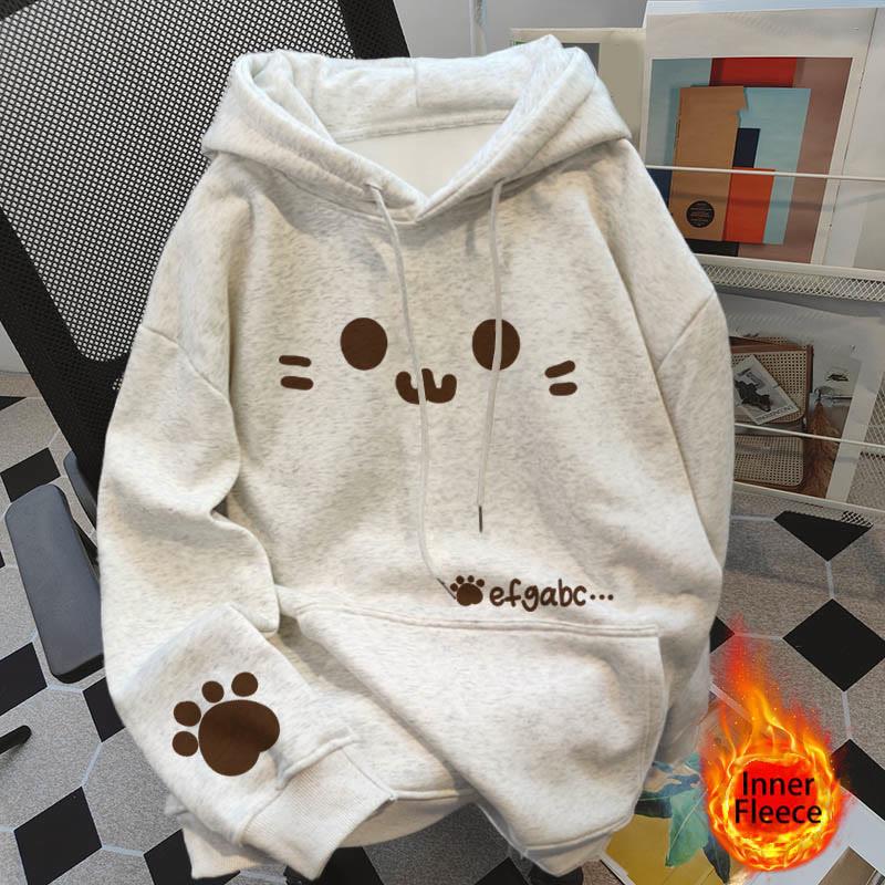 Kitty Paw Letter Print Loose Hooded Sweatshirt  |   Sweatshirts & Hoodies Clothing Grey