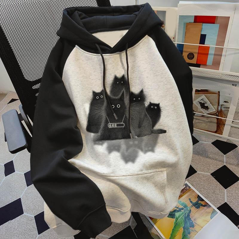 Kitty Print Color Block Loose Hooded Sweatshirt  |   Sweatshirts & Hoodies Clothing Grey