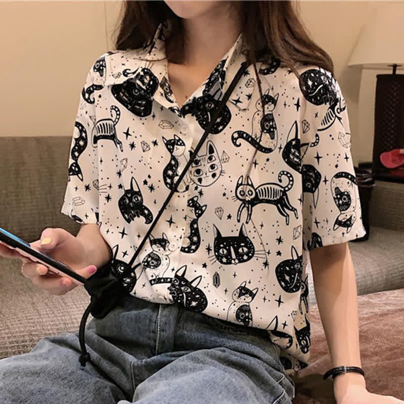 Kitty Print Short Sleeve Lapel Chiffon T-Shirt  |   T-Shirts Clothing Black