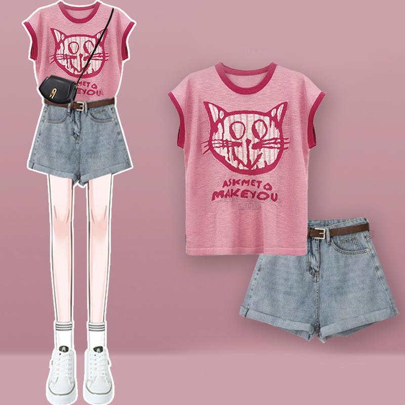 Kitty Print T-Shirt Jeans Shorts  |   T-Shirts Clothing Shorts