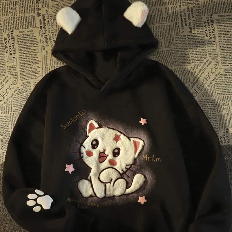 Kitty Star Letter Flocking Print Loose Hooded Sweatshirt  |   Sweatshirts & Hoodies Clothing Apricot