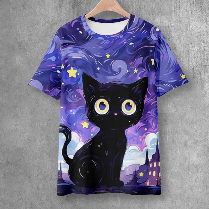 Kitty Starry Sky Print Short Sleeve T-Shirt  |   T-Shirts Clothing Purple