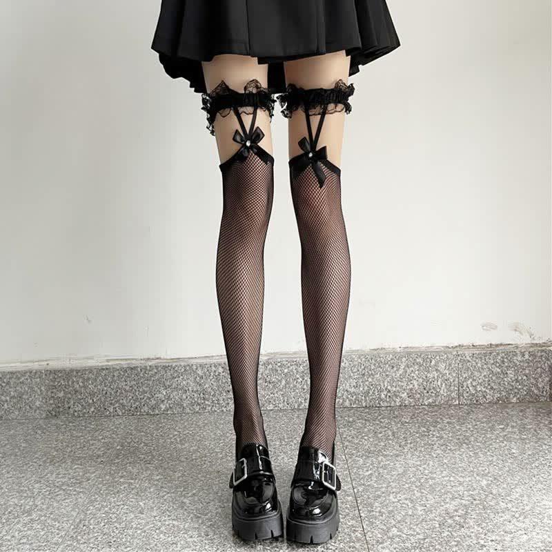 Lace Bowknot Garters Fishnet Stockings One-Piece Set  |   Socks Accessories Black