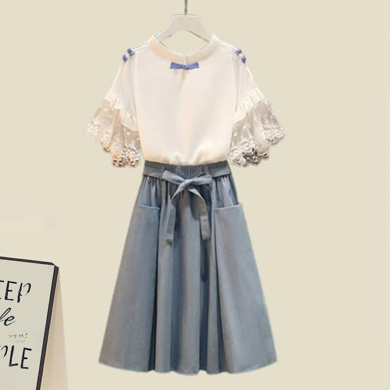 Lace Sleeve Buckle T-Shirt Pocket Skirt Set  |   T-Shirts Clothing Set