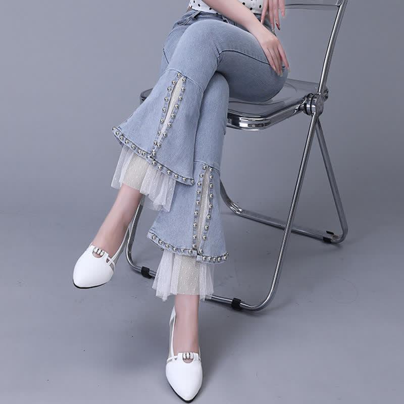 Lace Stitching Beading Flared Split Denim Pants  |   Pants Clothing Blue