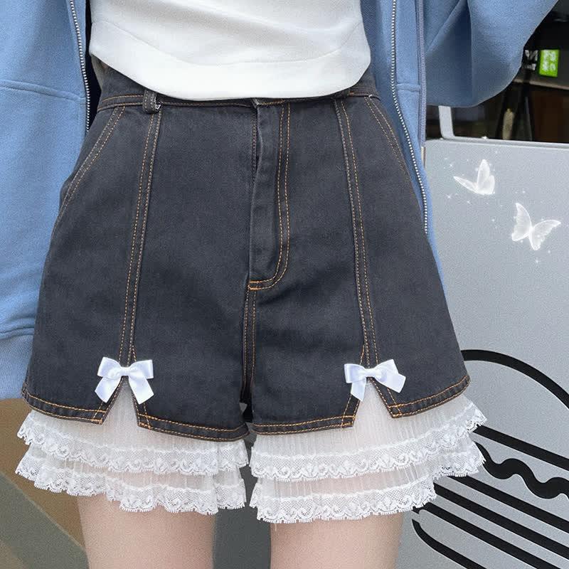 Lace Stitching Bowknot High Waist Denim Shorts  |   Shorts Clothing Black