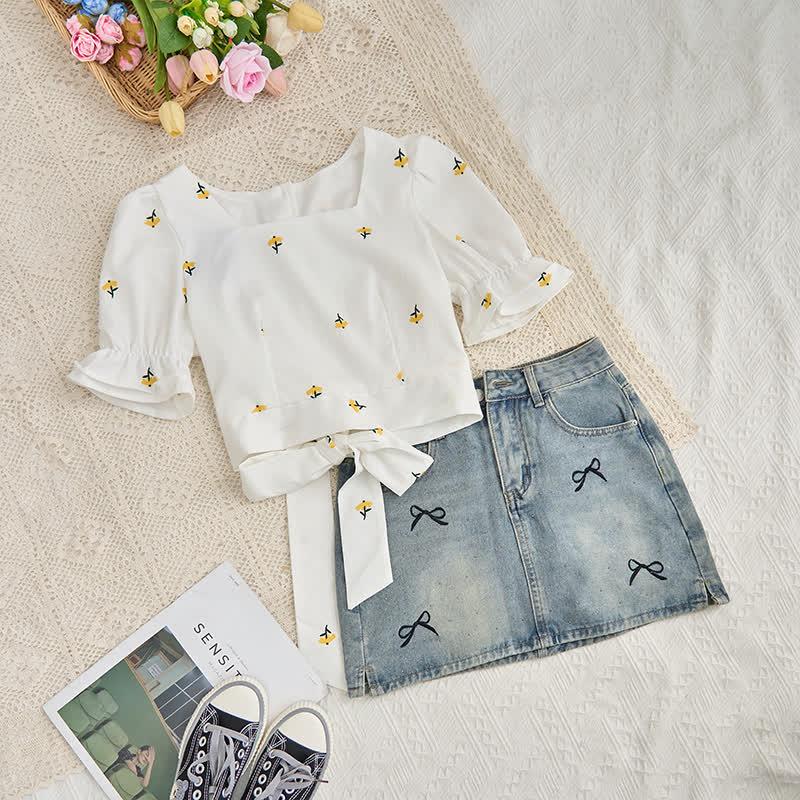 Lace-Up Blossom Print Blouse Denim Skirt Two Pieces  |   Skirts Clothing Set