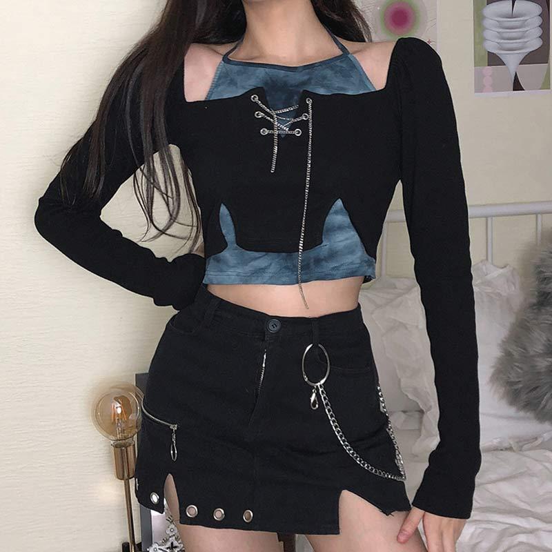 Lace Up Chain Fake Two Pieces T-Shirt Denim Skirt  |   Skirts Clothing Skirt