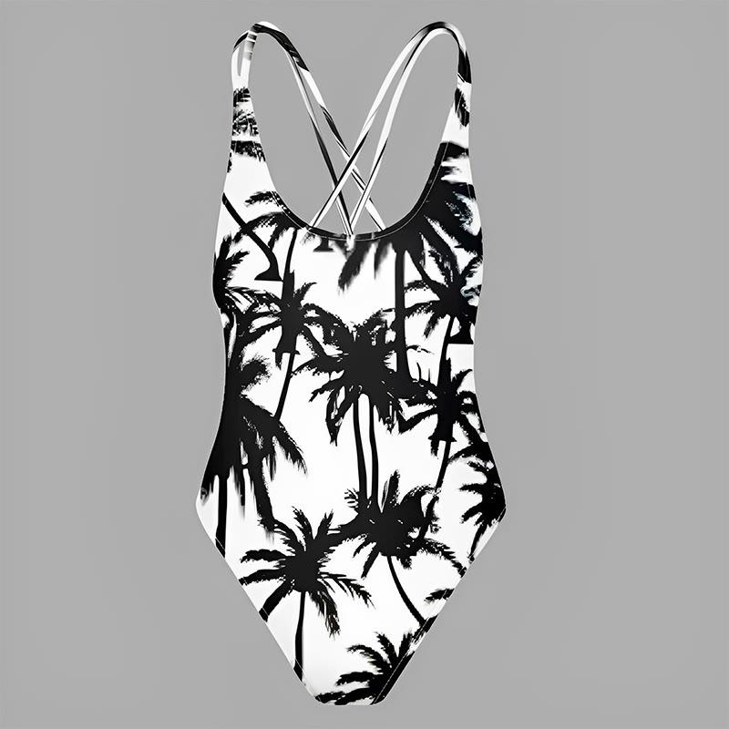 Lace-Up Coconut Tree Print One-Piece Swimsuit  |   Swimwear Clothing Black