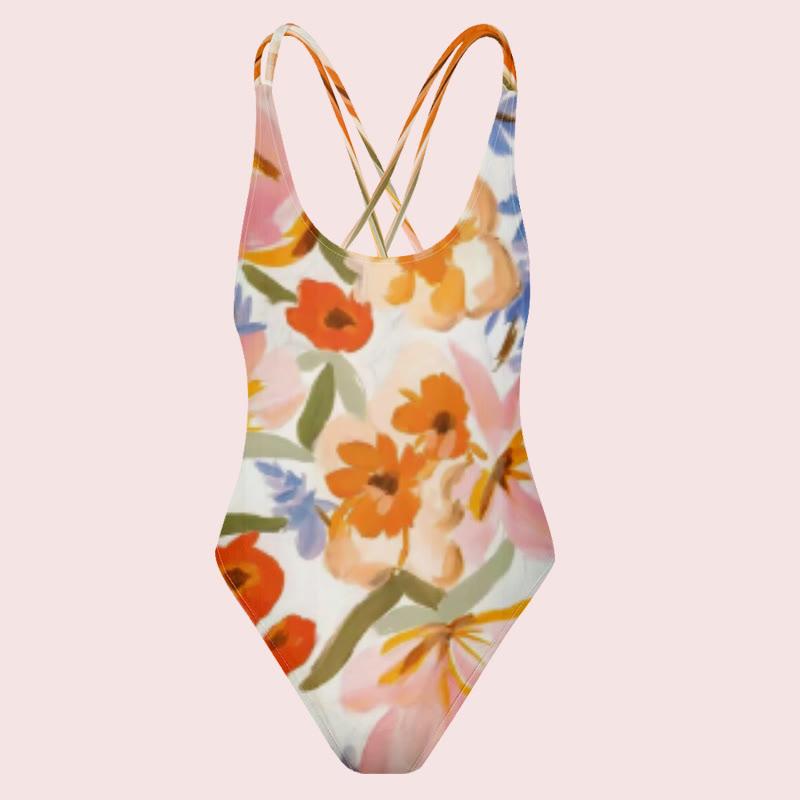 Lace-Up Flower Print One-Piece Swimsuit  |   Swimwear Clothing Orange