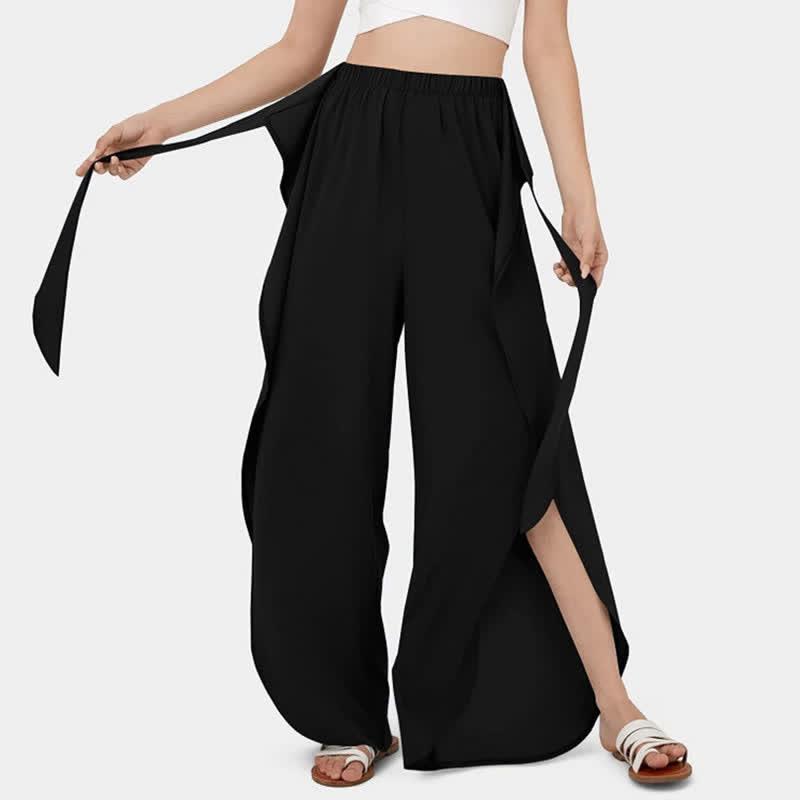 Lace Up Flowy Split Wide Leg Casual Pants  |   Pants Clothing Black