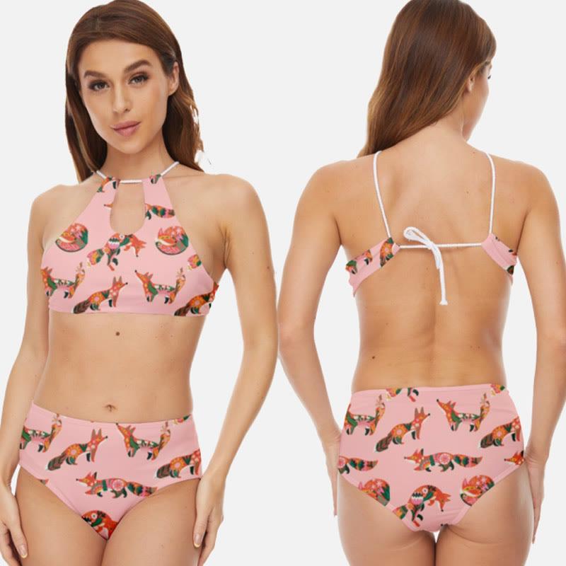 Lace-Up Fox Print Bikini Swimsuit Set  |   Swimwear Clothing Pink